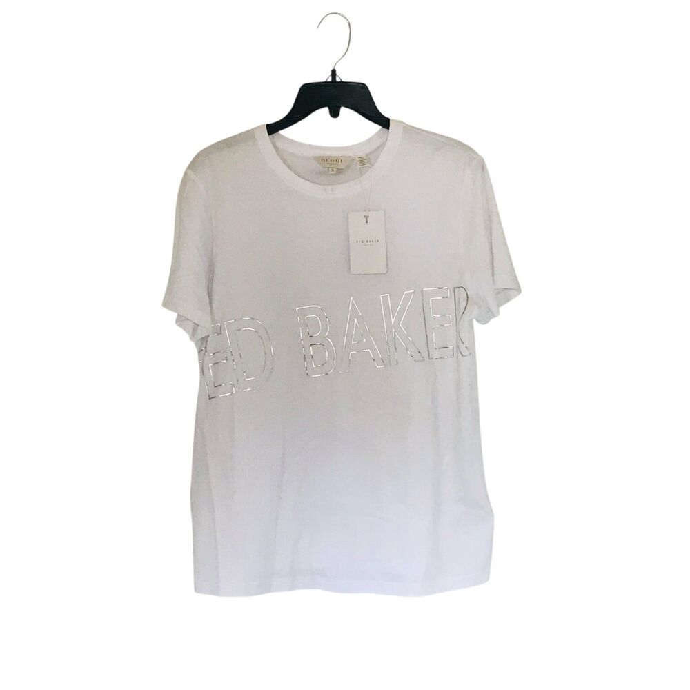 Ted Baker Malom Branded Foil Spell Out Cotton T-Shirt White Womens Size 3 (8-10)